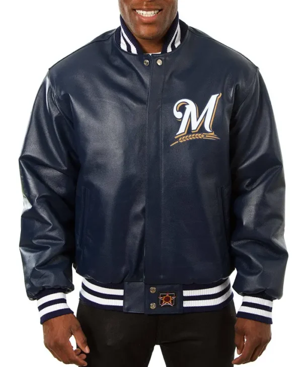 Milwaukee Brewers Navy Blue Leather Bomber Jacket