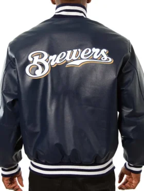 Milwaukee Brewers Navy Blue Leather Bomber Jacket Back