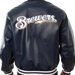 Milwaukee Brewers Navy Blue Leather Bomber Jacket Back