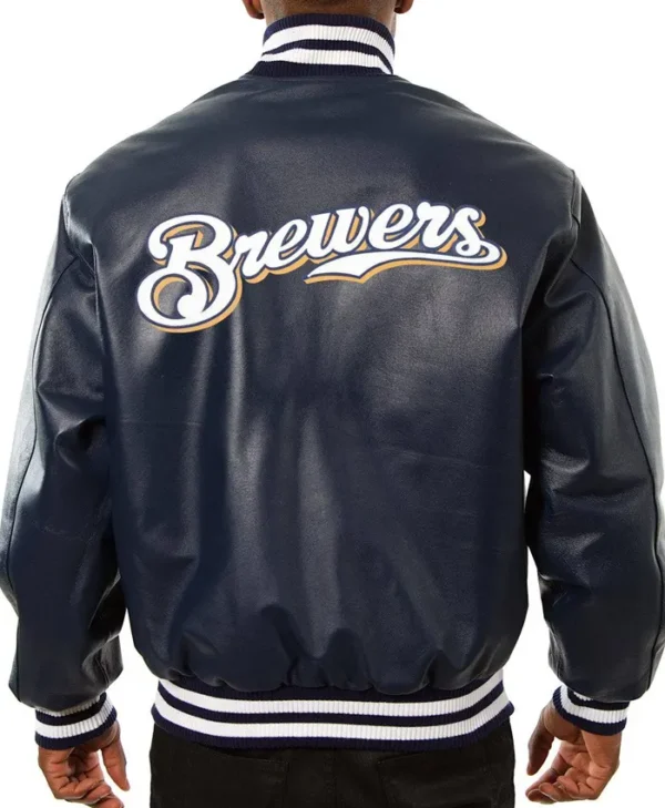 Milwaukee Brewers Navy Blue Leather Bomber Jacket Back