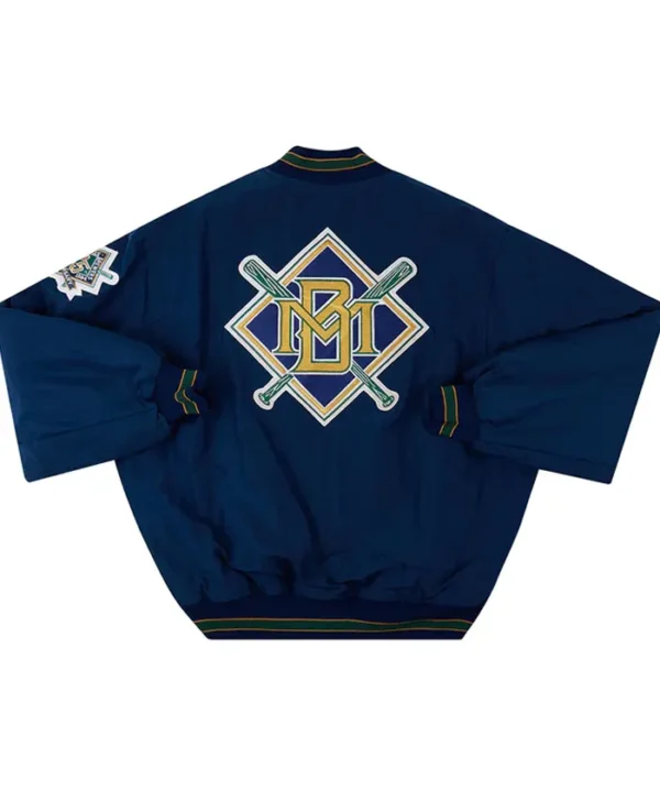 Milwaukee Brewers Navy Blue Vintage Bomber Starter Jacket Back