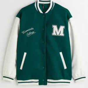 Minnesota College Varsity Bomber Jacket Green and Cream