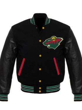 Minnesota Wild Full Black Wool And Leather Varsity Jacket