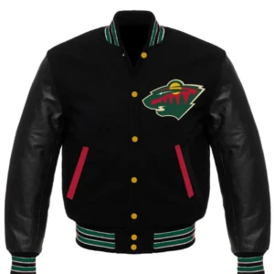 Minnesota Wild Full Black Wool And Leather Varsity Jacket