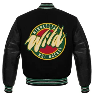Minnesota Wild Full Black Wool And Leather Varsity Jacket Back