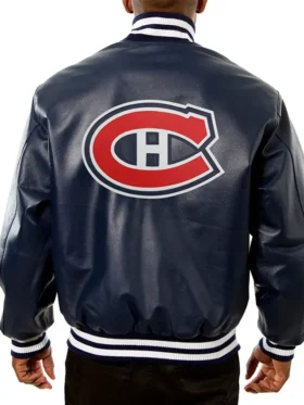 Montreal Canadiens Navy Blue Bomber Leather Jacket Back
