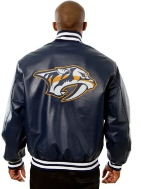 Nashville Predators Navy Blue Leather Jacket Back