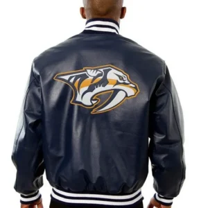 Nashville Predators Navy Blue Leather Jacket Back
