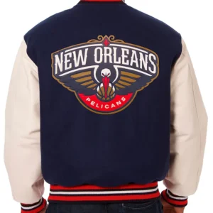 New Orleans Pelicans Navy Blue And White Wool Varsity Jacket Back
