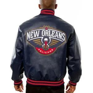 New Orleans Pelicans Navy Blue Leather Bomber Jacket Back