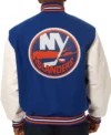 New York Islanders Blue and White Varsity Jacket Back