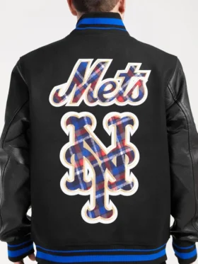 New York Mets Black Letterman Wool Varsity Jacket Back