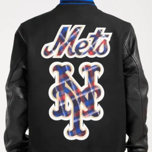 New York Mets Black Letterman Wool Varsity Jacket Back