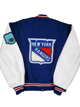 New York Rangers Blue and White Letterman Jacket Back