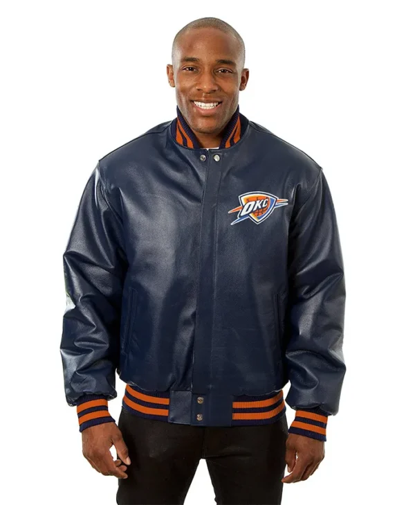 Oklahoma City Thunder Navy Blue Bomber Leather Jacket