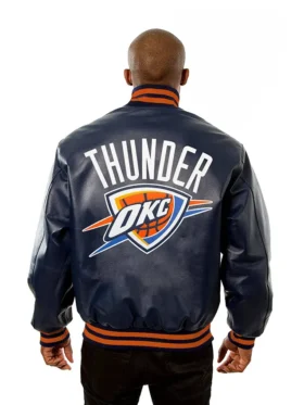 Oklahoma City Thunder Navy Blue Bomber Leather Jacket Back