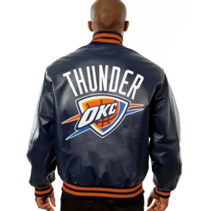 Oklahoma City Thunder Navy Blue Bomber Leather Jacket Back