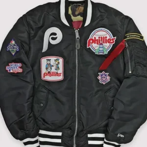 Philadelphia Phillies Black Ma-1 Bomber Jacket Front Look