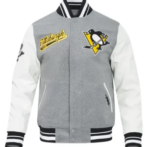 Pittsburgh Penguins Grey and White Varsity Jacket