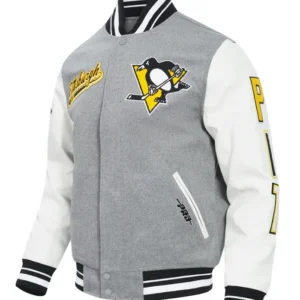 Pittsburgh Penguins Grey and White Varsity Jacket Side