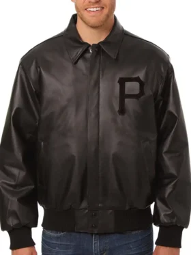 Pittsburgh Pirates Black Zipper Leather Bomber Jacket