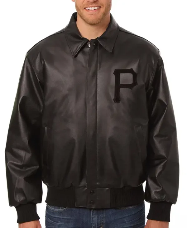 Pittsburgh Pirates Black Zipper Leather Bomber Jacket