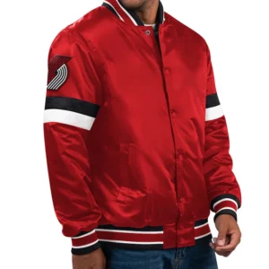 Portland Trail Blazers Red Satin Full Snap Bomber Jacket