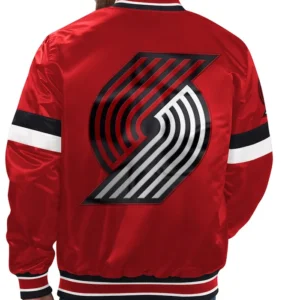 Portland Trail Blazers Red Satin Full Snap Bomber Jacket Back