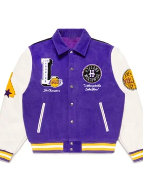Purple And White Wool Bomber lakers letterman jacket