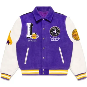 Purple And White Wool Bomber lakers letterman jacket