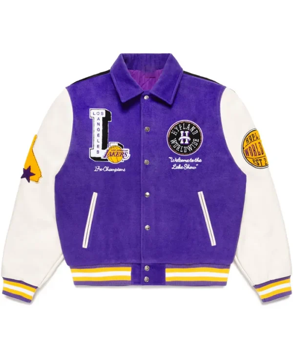 Purple And White Wool Bomber lakers letterman jacket