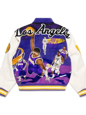 Purple And White Wool Bomber lakers letterman jacket Back