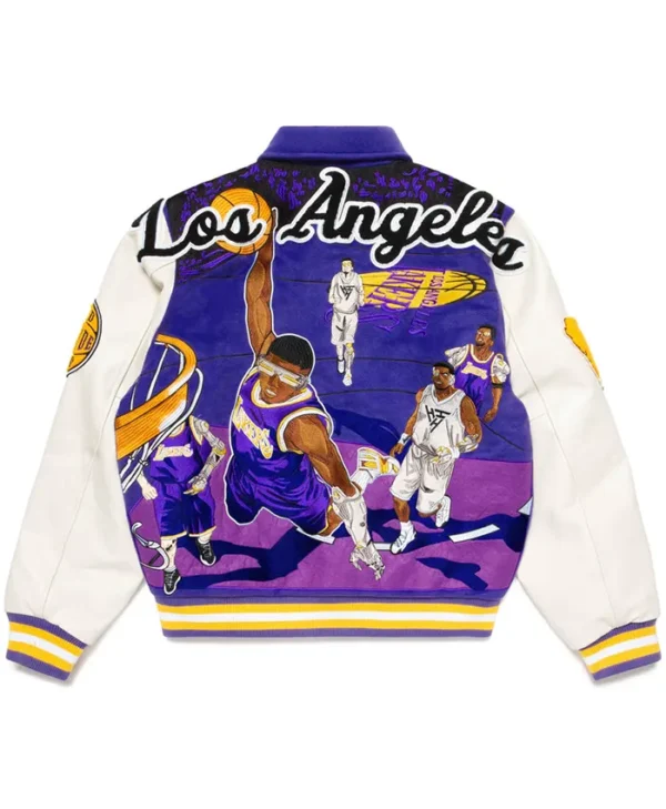 Purple And White Wool Bomber lakers letterman jacket Back