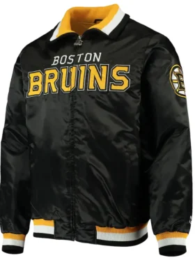 Reba Sauer Boston Bruins Starter Black Satin Varsity Jacket