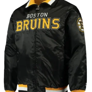 Reba Sauer Boston Bruins Starter Black Satin Varsity Jacket