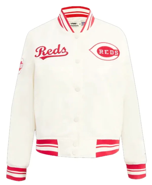 Reds White And Red Wool Full Snap Varsity Jacket