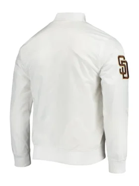 San Diego Padres White Satin Full Snap Bomber Jacket Back