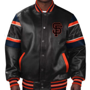 San Francisco Giants Black And Orange Leather Bomber Jacket Front