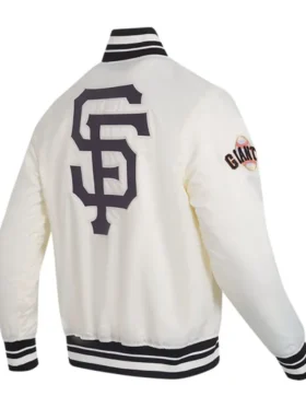 San Francisco Giants White Satin Full Snap Bomber Jacket Back