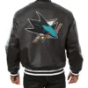 San Jose Sharks Black Leather Bomber Jacket Back