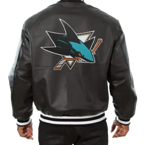 San Jose Sharks Black Leather Bomber Jacket Back