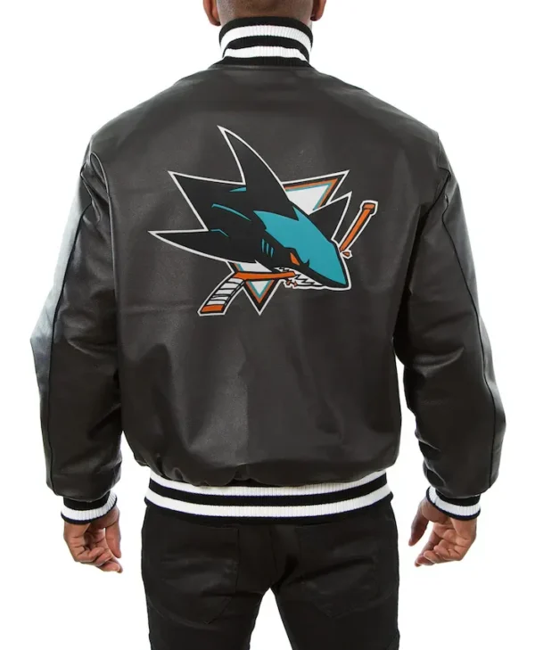 San Jose Sharks Black Leather Bomber Jacket Back
