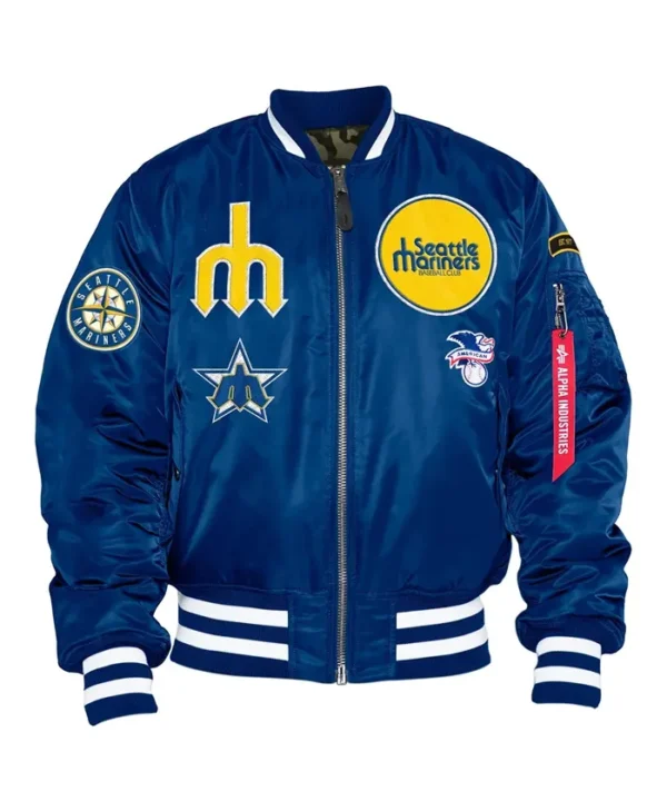 Seattle Mariners Blue Satin Zipper Bomber Jacket