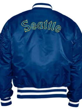 Seattle Mariners Blue Satin Zipper Bomber Jacket Back