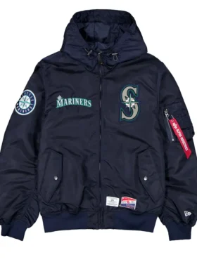 Seattle Mariners Satin Navy Blue Hooded Ma 1 Bomber Jacket