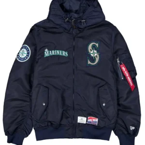 Seattle Mariners Satin Navy Blue Hooded Ma 1 Bomber Jacket