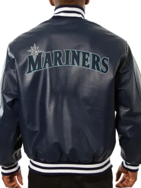 Seattle Mariners Vintage Navy Blue Leather Bomber Jacket Back