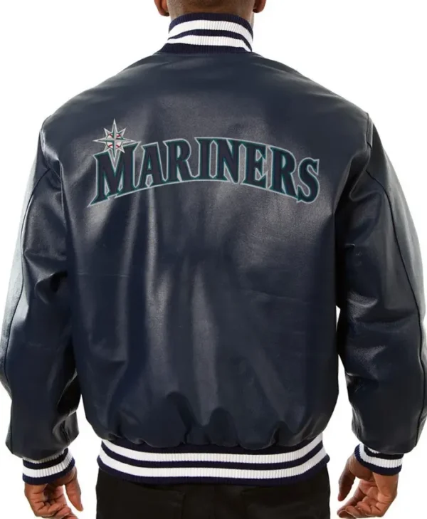 Seattle Mariners Vintage Navy Blue Leather Bomber Jacket Back