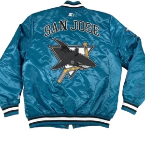 Sharks Blue Satin Bomber Jacket Back