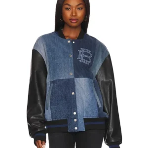 Shop Christina Hall The Flip Off Denim Varsity Jacket
